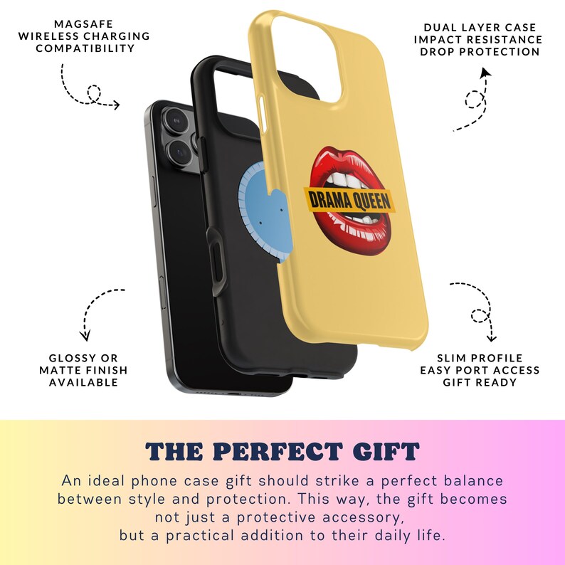 May include: A yellow phone case featuring a red and white illustration of a mouth with the text "Drama Queen" on a yellow banner. The case is shown with a black phone case and a clear circle with a blue ring.