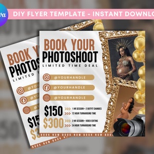 May include: A flyer advertising a photoshoot with a limited time deal. The flyer features a gold frame with a pregnant woman in a gold outfit. The flyer includes the text "Book Your Photoshoot" and social media handles. The flyer also includes pricing information for different photoshoot packages.