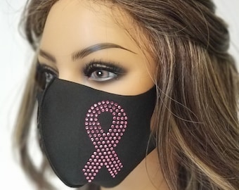 Rhinestone Mask bling bling Mask Pink Ribbon Mask Breast Cancer Awareness Mask Comfortable Reusable Washable Face Mask Covering USA