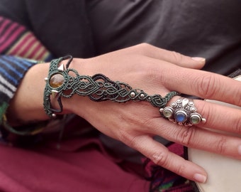 Tiger Eye Macrame Ring Bracelet, Micro-macrame Slave Bracelet with Crystal, Gemstone Cuff Bracelet