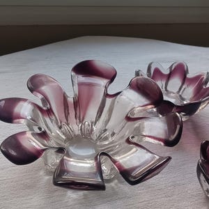 Vintage Purple Art Glass Bowls: Scandinavian Flower Form Dishes (Set of 3)