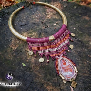 Crazy Lace Agate Macrame Necklace, Micro-macrame Torque Crystal Necklace,Brass Choker Necklace