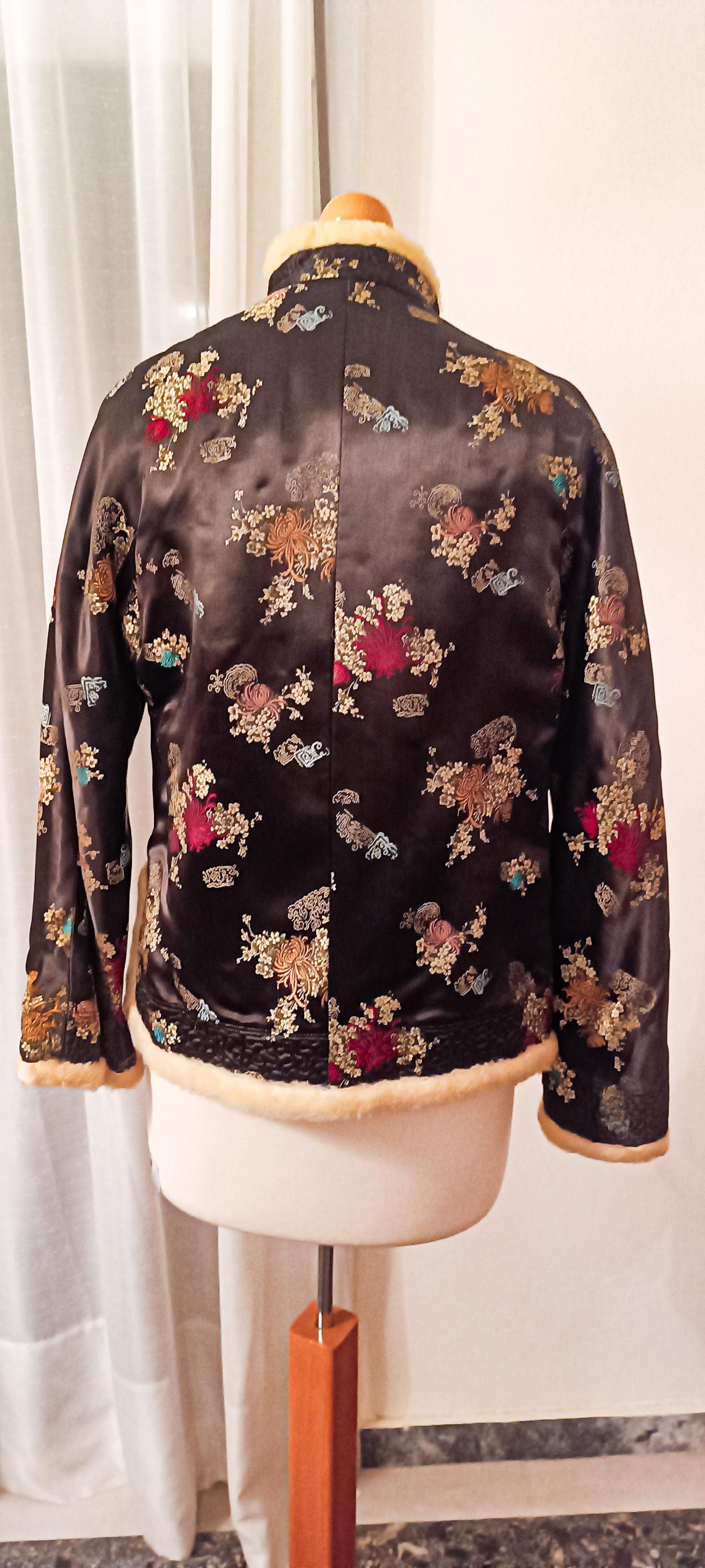 ヴィンテージ刺繍シルクブロケードジャケット - フェイクファートリム 