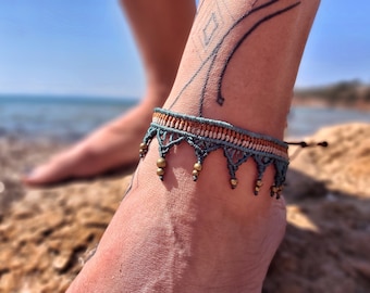 Tobillera hippie de macramé, pulsera de pie de micromacramé verde, tobillera anudada