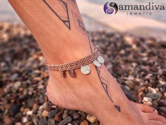 Beige Macrame Boho Anklet: Micro macrame Foot Bracelet with Silver Lucky Coins