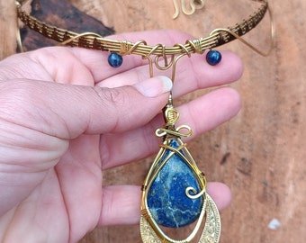 Lapis Lazuli Wire Wrapped Necklace, Brass Wire Wrapping Jewelry, Crystal Necklace for Her