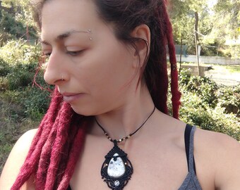 Dendritic Agate Necklace - Black Macrame Pendant Boho Talisman