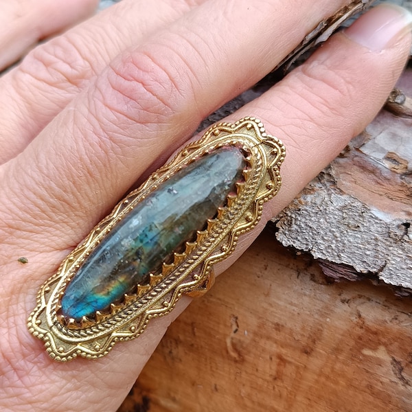 Statement Crystal Ring, Labradorite Brass Ring, Eclectic Ring Gift for Her