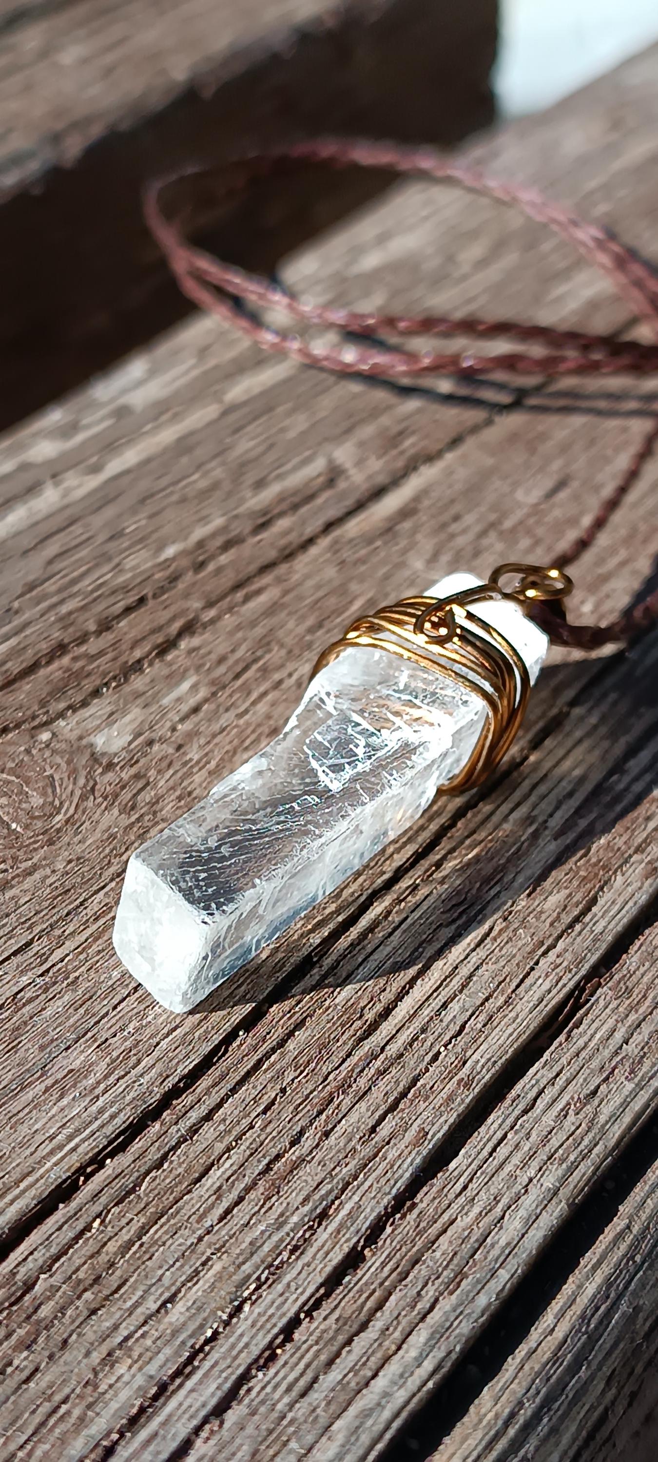Iceland Spar Necklace: Optical Calcite Crystal Macrame Pendant