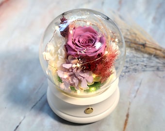Purple eternal roses, dried flowers glass dome, table display, LED light night light glass ball with bluetooth speaker