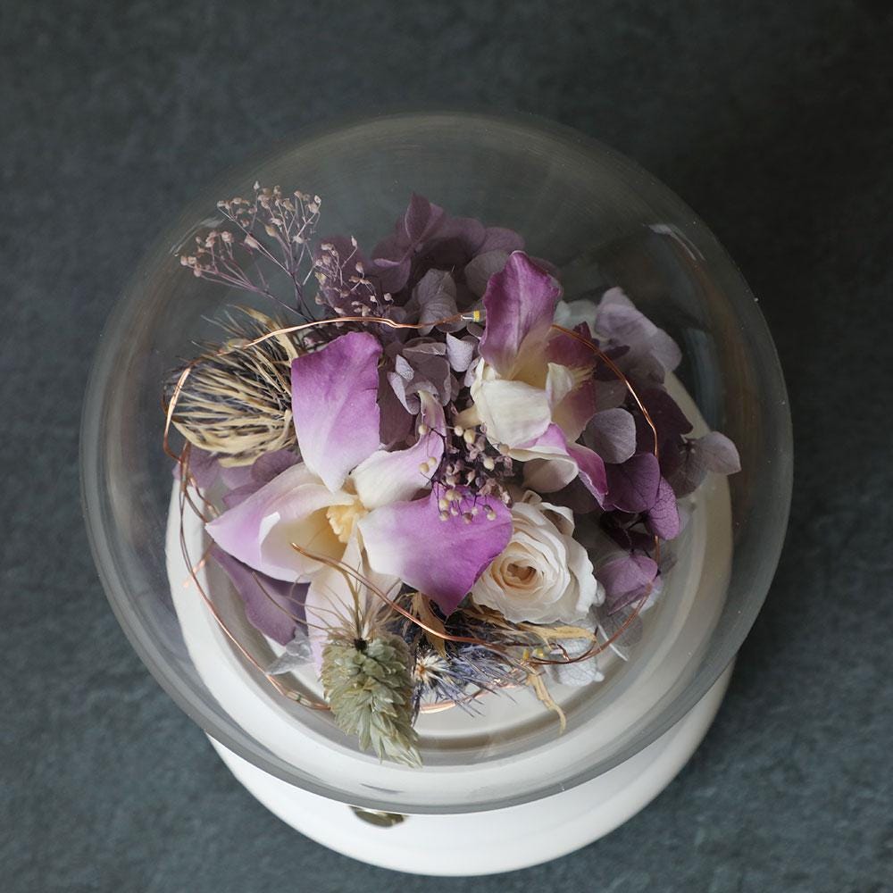 Preserved Purple Preserved Flowers Orchid Rose Glass Dome: LED