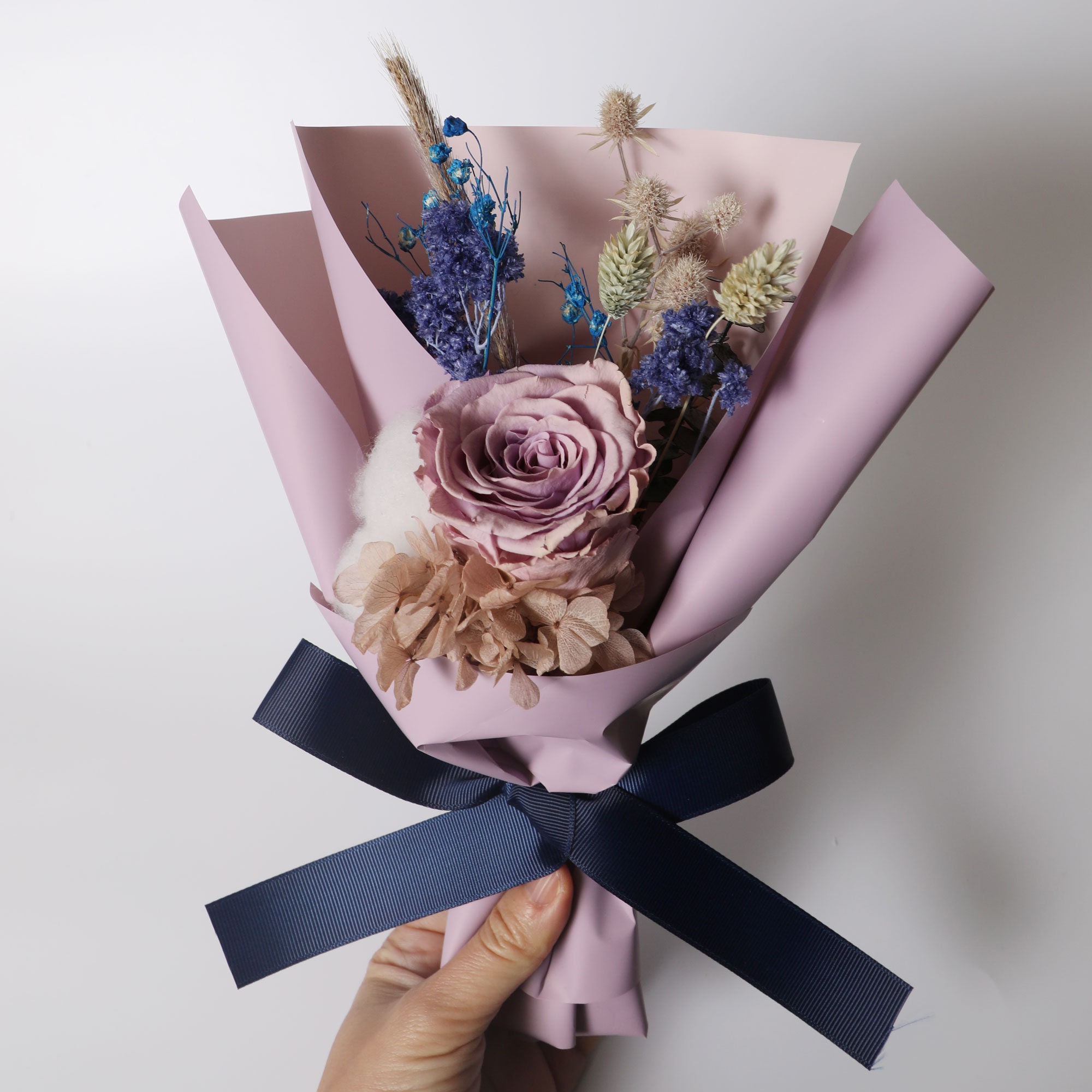 Eternal Flower Bouquets Purple Eternal Roses and natural Cotton blossom Bouquet