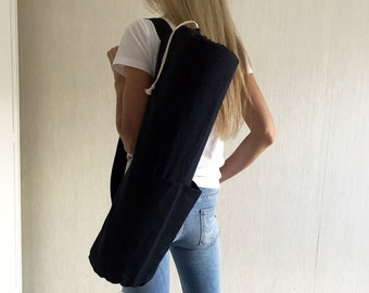 Linen yoga bag / Dark blue mat bag / Natural linen yoga mat bag