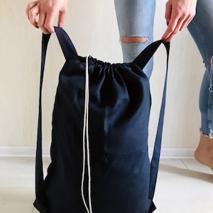 Two Large linen laundry bags Large blue and gray clothes bags Natural linen drawstring Bags