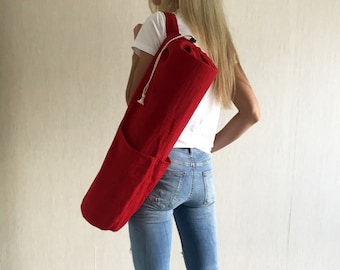 Linen yoga bag / Red mat bag / Natural linen yoga mat bag