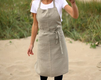 Linen Apron / Washed Linen Apron / Beige Linen Apron / Unisex Apron / Daily Apron / Flax Apron / Apron for Kitchen, Gardening and Art