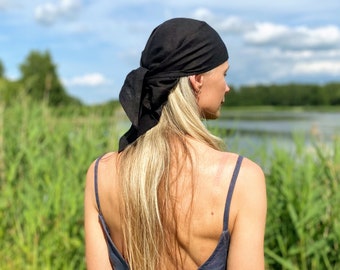 Black Linen Bandana / Summer Hair Headscarf