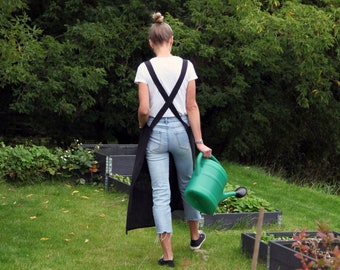 Long Apron / Natural Linen No-Tie Cross Back Japanese Style Pinafore Apron / Unisex apron