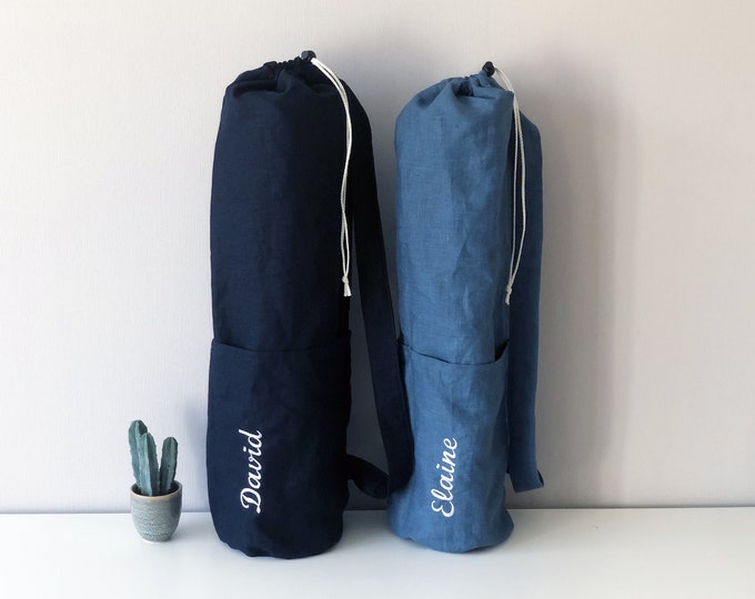 Embroidered Linen yoga mat bag with pockets / Personalized Natural linen mat bag / Big pilates bag