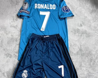 Uniforme de football Cristiano Ronaldo n° 7 2017-2018 Real Madrid bleu Maillot - Costume manches courtes et longues, deuxième ensemble de maillots de fan extérieur