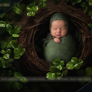 May include: A newborn baby is sleeping peacefully in a nest made of twigs, surrounded by green leaves. The baby is wearing a green knitted hat and wrap.
