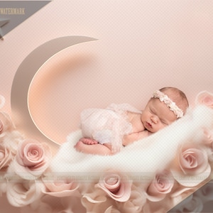 Moon newborn digital background, pink moon digital backdrop, girls pink moon prop, girls newborn digital, crescent moon digital