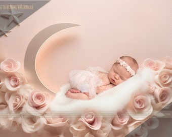 Moon newborn digital background, pink moon digital backdrop, girls pink moon prop, girls newborn digital, crescent moon digital
