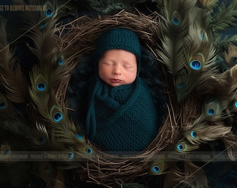 Newborn nest digital background, newborn PEACOCK backdrop, newborn digital, peacock feather digital, newborn prop, newborn nest from above,