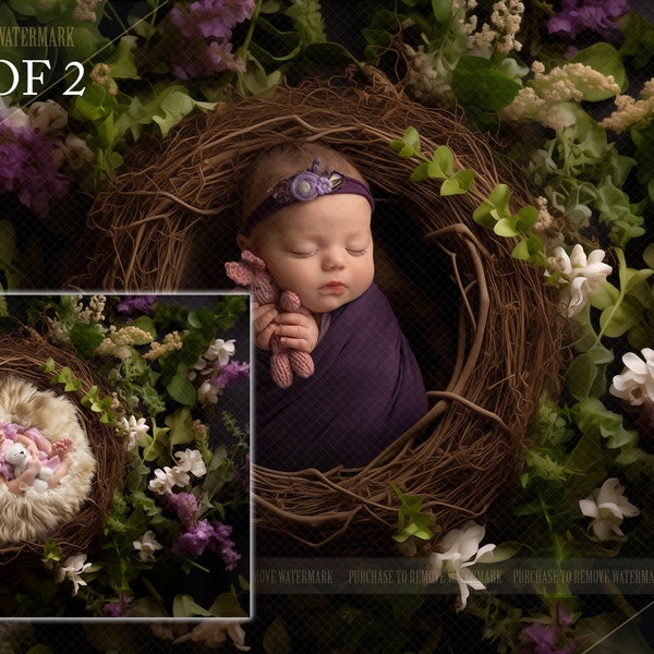 SET OF 2 Newborn flower nest digital background, newborn nest backdrop, newborn digital, newborn nest, newborn prop, newborn nest from above