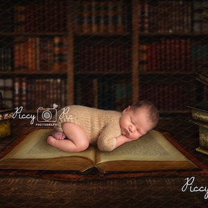 Newborn digital backdrop, library, vintage book, newborn background on book, newborn library, newborn book on desk, old library