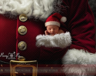 May include: A newborn baby wearing a red Santa hat is sleeping in a white fur-lined sack. The baby is nestled in the crook of Santa's arm, which is wearing a red velvet suit with gold buttons.