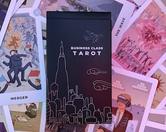May include: A black box with the text "Business Class Tarot" and an airplane icon. The box is surrounded by tarot cards with illustrations of people, buildings, and other abstract designs. The cards have text such as "Merger", "Data Assistant", "The Wave", and "Audit".