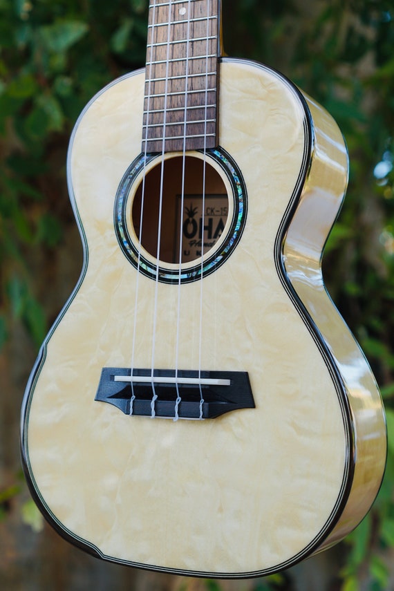 Stunning Quilted Eucalyptus Wood & Abalone Inlay Concert Ukulele BUNDLE with Vintage Style Hard Case