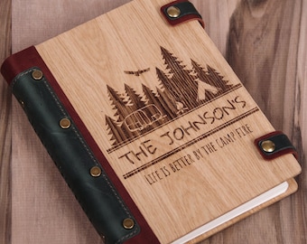 Custom Travel Journal, Wooden Camping Journal: Leather Bound Adventure Book