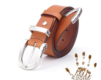 Orange Brown Leather Belt 1.4" wide, Western Belt for Men and Women, Antique Silver Buckle with unique design