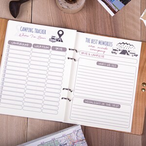 May include: A brown leather-bound journal with a wooden cover. The journal is open to a page with a camping tracker on the left side and a section for writing about camping memories on the right side. The journal has a title that reads "Camping Tracker" and "The Best Memories are made camping".