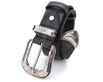 Western Leather Belt 1 1/2", Antique Black Leather Cowboy  Belt for Men and Women