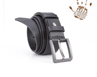 Handmade Black Full Grain Leather Belt, Vintage Zamak Buckle, Anniversary Gift for Husband
