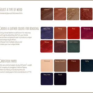 May include: A selection of wood, leather, and cardstock paper samples for bookbinding. The wood samples are walnut, sapele, oak, and bubinga. The leather samples are deep blue, beige, red, burgundy, brown, chocolate, and dark green. The cardstock samples are jasmine, brown kraft, mocha, holly, deep blue, and black.