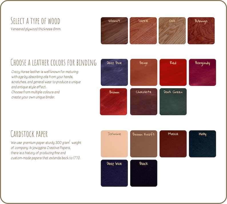 May include: A selection of wood, leather, and cardstock paper samples for bookbinding. The wood samples are walnut, sapele, oak, and bubinga. The leather samples are deep blue, beige, red, burgundy, brown, chocolate, and dark green. The cardstock samples are jasmine, brown kraft, mocha, holly, deep blue, and black.