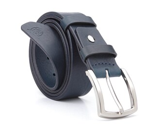 Handmade Blue Leather Classic Belt, Italian Full Grain Leather, Steel Belt Buckle