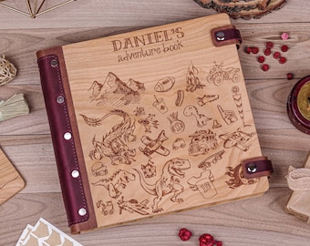 Personalized Wooden Adventure Scrapbook: Engraved Leather Photo Album