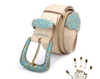 Western Leather Belt, Antique Turquoise Buckle, Italian Full Grain Leather, Handmade Waistband