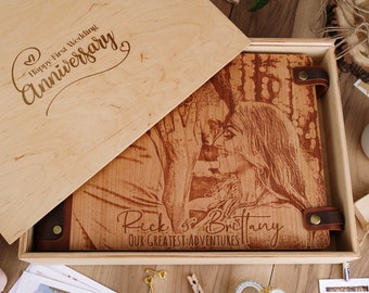 Personalisiertes Holz Fotoalbum, Leder Einband, Geschenk zum Jahrestag