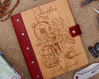 Personalized Wooden Leather Travel Journal, A5 Adventure Diary Planner