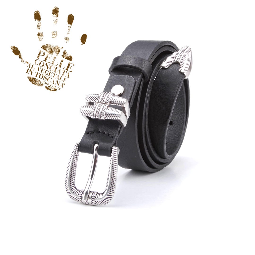 Black Leather Slim 1 Inch Width (25mm) Belt, Antique Silver Buckle