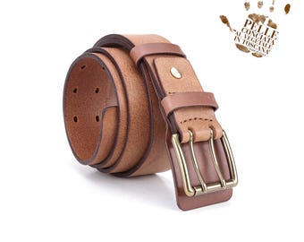 Mens Leather Belt Double Prong Brass Buckle Full Grain Vegetable Tanned Leather