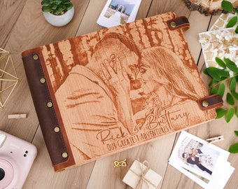Personalized Photo Engraved Wood Album, Leather Binding, Anniversary Gift