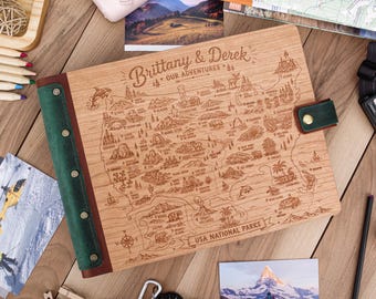 Personalized USA National Parks Photo Album, Wooden Travel Scrapbook, National Park Adventure Book, Couples Travel Gift, Custom Memory Album