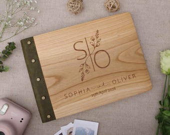 Personalized Cherry Wood Wedding Guest Book, Leather Binding